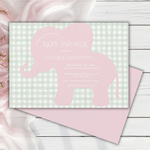 Cute Rosa Elephant Grönt Gingham Baby Shower Inbjudningar