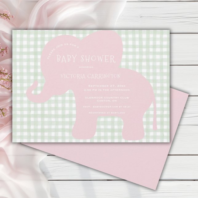 Cute Rosa Elephant Grönt Gingham Baby Shower Inbjudningar (Skapare uppladdad)