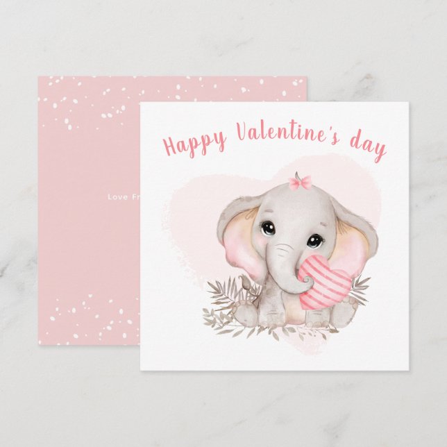 Cute Rosa Elephant Heart Girl Valentine's day Card Kort (Fram/baksida)