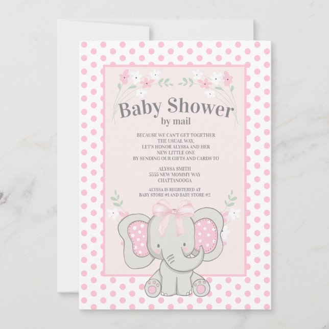 Cute Rosa Elephant Polka dots Baby Shower by Mail Inbjudningar (Framsida)