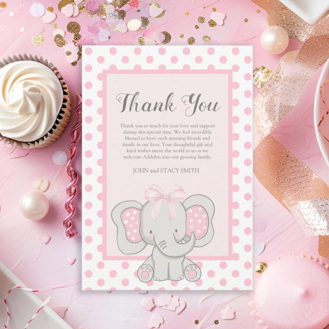Cute Rosa Elephant Polka dots Flicka Shower Tack Kort (Cute pink and white polka dot baby girl elephant baby shower Thank You card.)