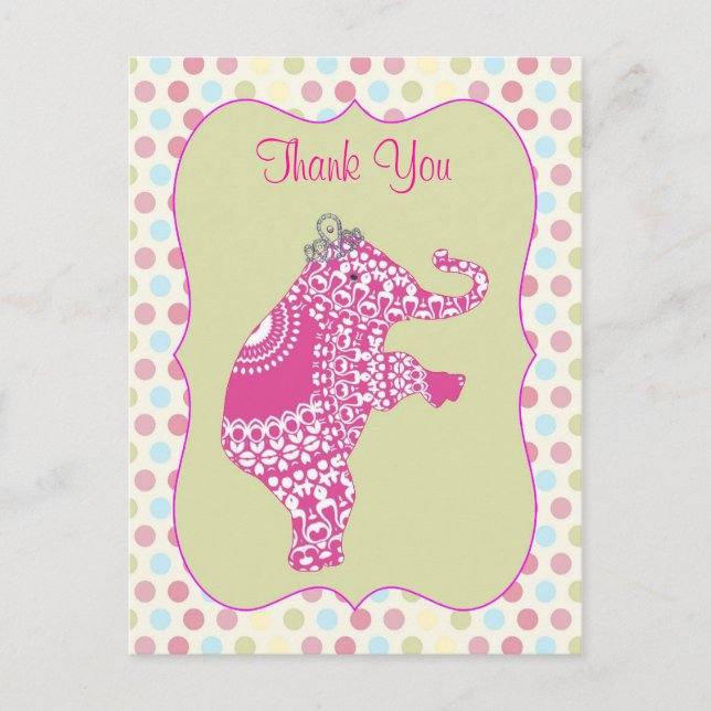 Cute Rosa Elephant Princess Tack Cards Vykort (Framsida)
