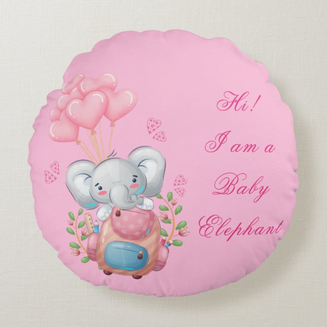 Cute Rosa Elephant Round Pillow Rund Kudde (Framsidan)