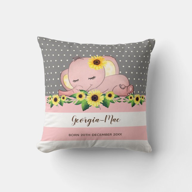 Cute Rosa Elephant Sleeping on Sunblommor Nursery Kudde (Framsida)