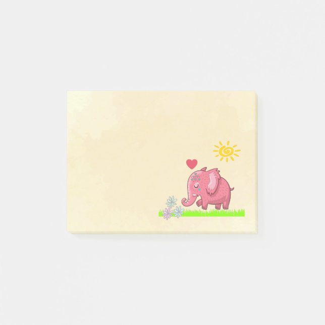 Cute Rosa Elephant Smelling Flowers Post-it Block (Framsida)
