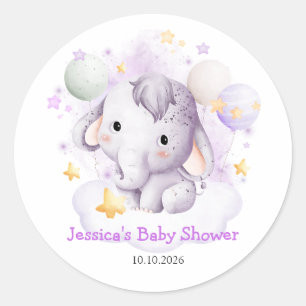 Cute Rosa Elephant Stars Watercolor Baby Shower Runt Klistermärke