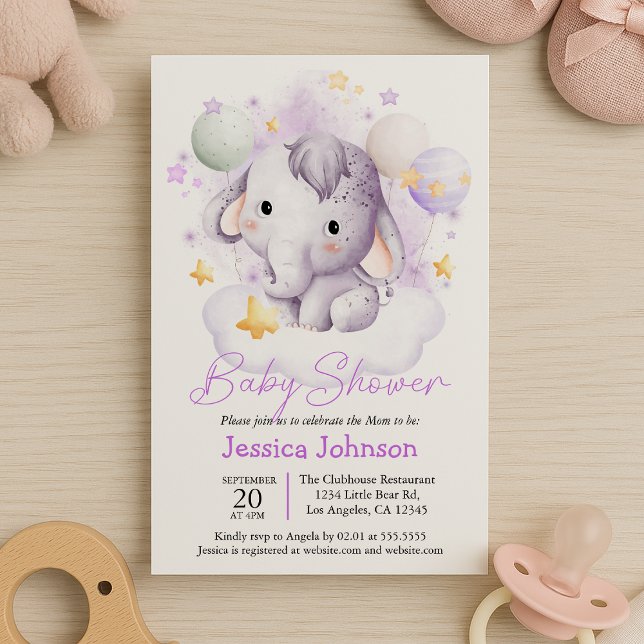 Cute Rosa Elephant Stars Watercolor Inbjudningar (Skapare uppladdad)
