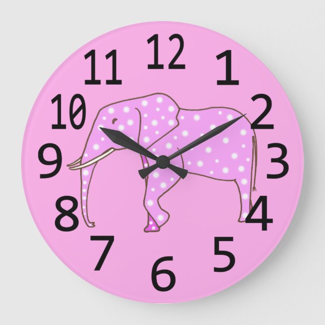 Cute Rosa Elephant White Polka dots Wall Clock Stor Klocka (Framsida)