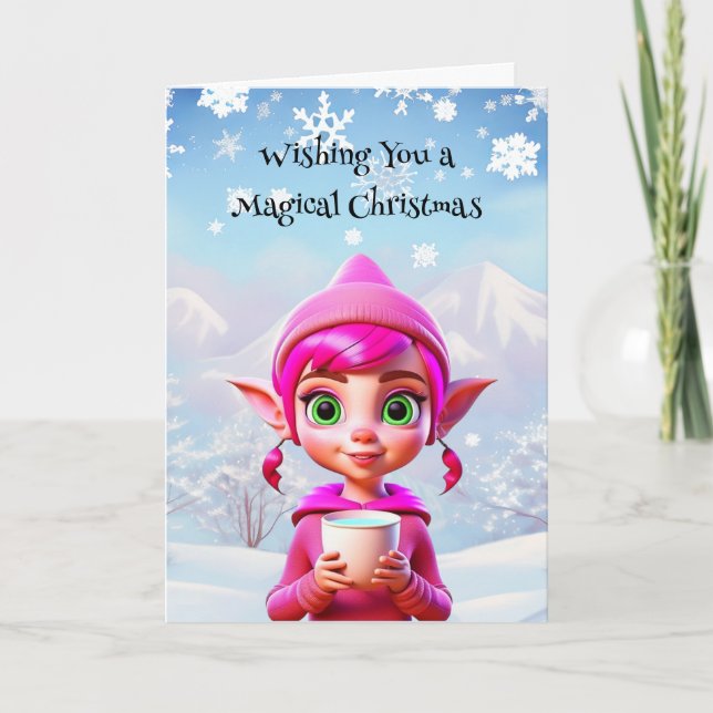 Cute Rosa Elf med kaffe eller kakaojul Kort (Framsida)