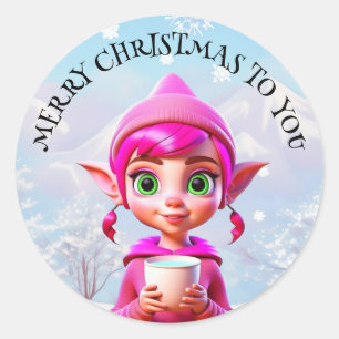 Cute Rosa Elf med kaffe eller kakaojul Runt Klistermärke