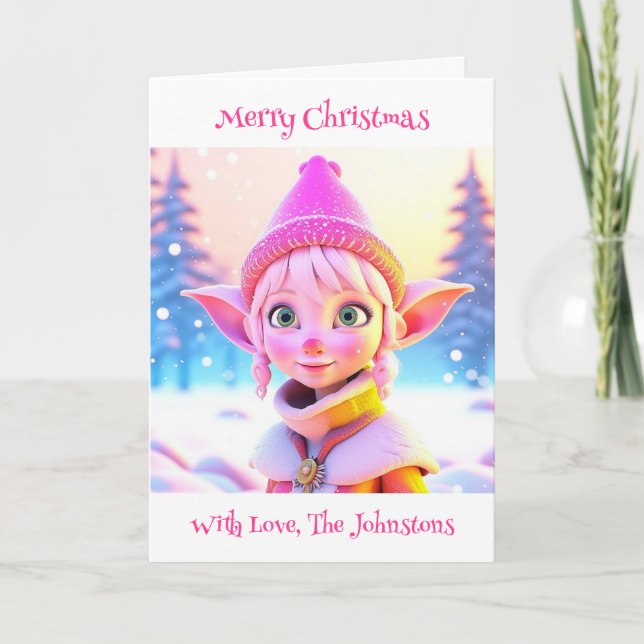 Cute Rosa Elf Whimsical Personlig jul Kort (Framsida)
