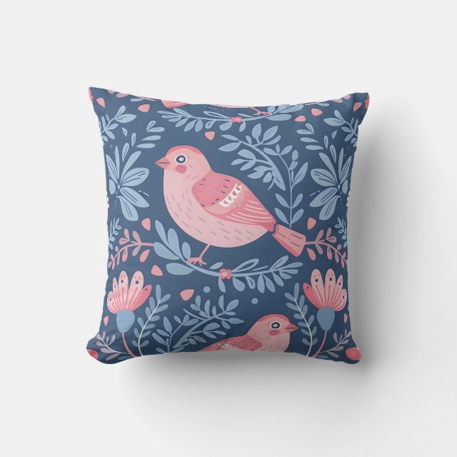 Cute rosa-fåglar på blått grått kudde (Framsida)