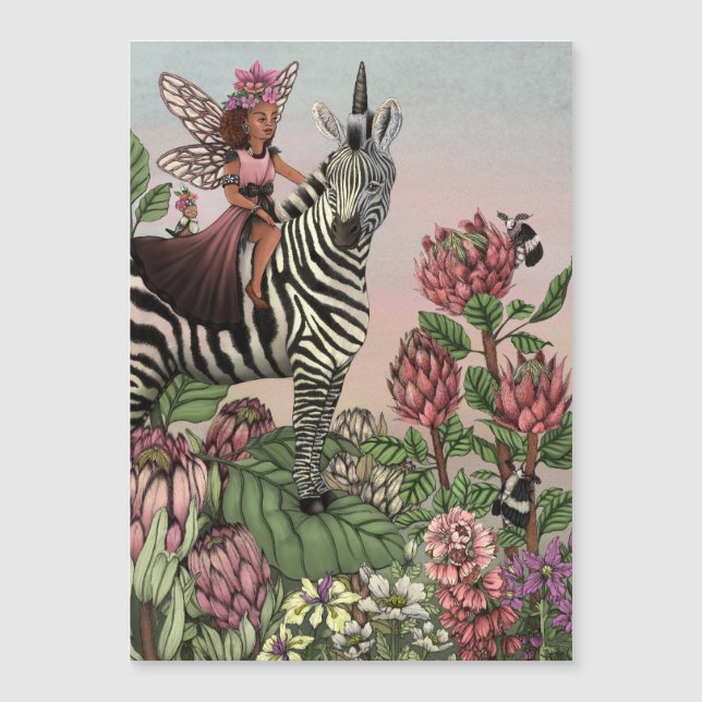 Cute Rosa Fairy on Zebra Unicorn Blommigt Art (Framsida)