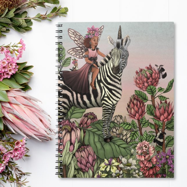 Cute Rosa Fairy on Zebra Unicorn Blommigt Art Anteckningsbok (Skapare uppladdad)