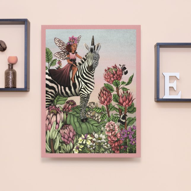 Cute Rosa Fairy on Zebra Unicorn Blommigt Art Canvastryck (Skapare uppladdad)