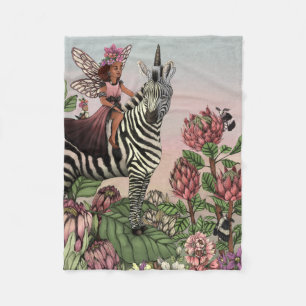 Cute Rosa Fairy on Zebra Unicorn Blommigt Art Fleecefilt