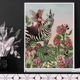 Cute Rosa Fairy on Zebra Unicorn Blommigt Art Poster