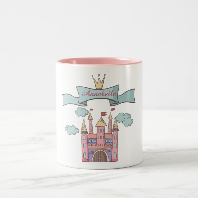 Cute Rosa Fairy Tale Princess Castle Custom Name Två-Tonad Mugg (Center)