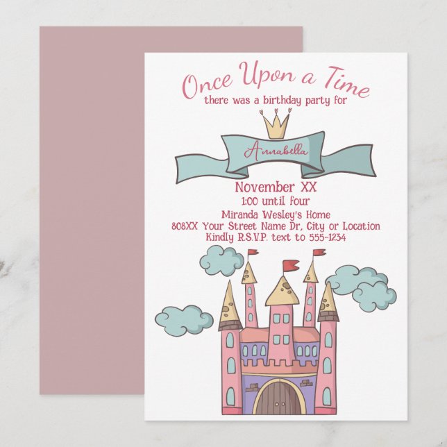 Cute Rosa Fairy Tale Princess Castle Inbjudningar (Fram/baksida)
