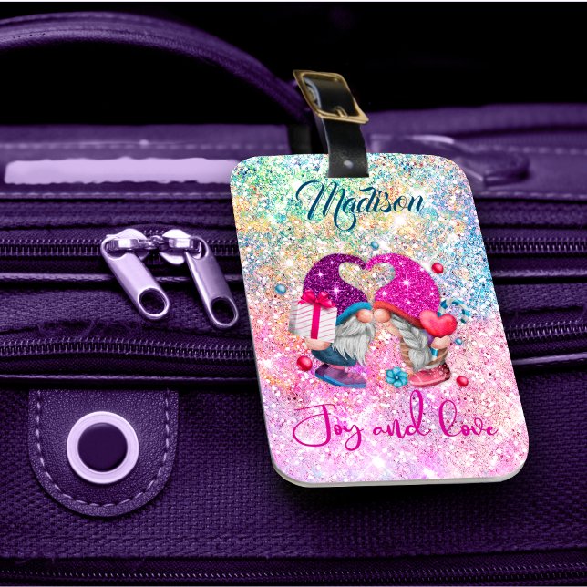 Cute rosa faux glitter gnome jul monogram bagagebricka (Skapare uppladdad)
