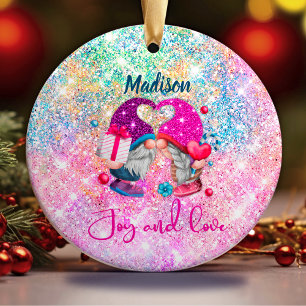Cute rosa faux glitter gnome jul monogram julgransprydnad keramik