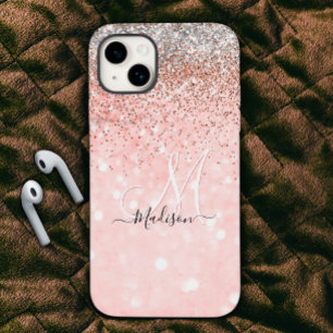 Cute  rosa faux silver glitter monogram