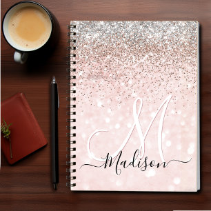 Cute  rosa faux silver glitter monogram anteckningsbok