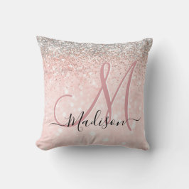 Cute  rosa faux silver glitter monogram kudde