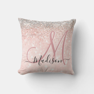 Cute  rosa faux silver glitter monogram kudde