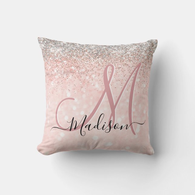 Cute  rosa faux silver glitter monogram kudde (Framsida)