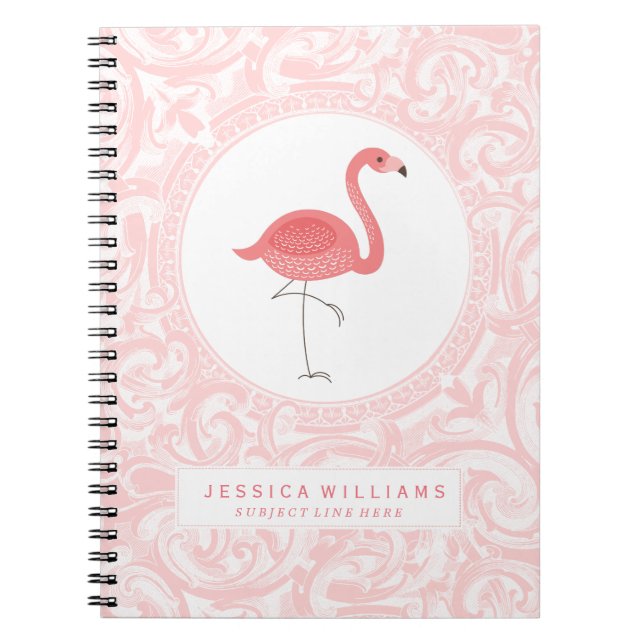 Cute Rosa Flamingo 3 Illustration with Rosa Swirls Anteckningsbok (Framsidan)