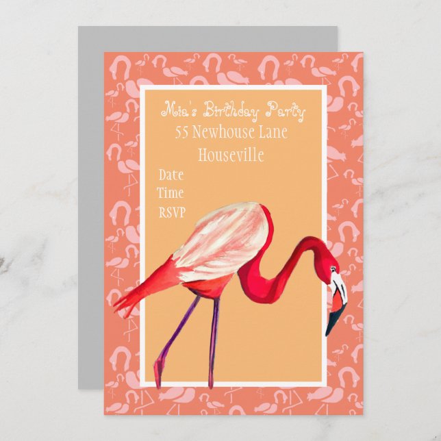 Cute rosa flamingo art-flicka Party Inbjudningar (Fram/baksida)