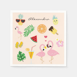 Cute Rosa Flamingo Couple med tropisk sommar Pappersservett