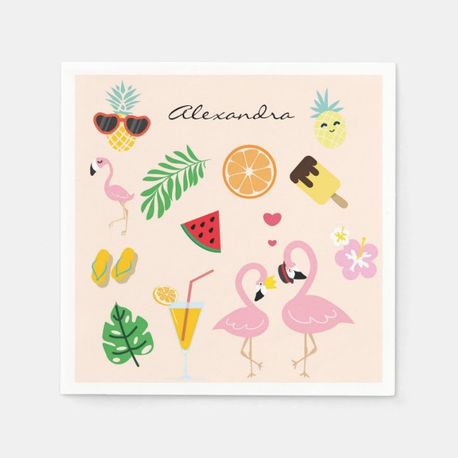 Cute Rosa Flamingo Couple med tropisk sommar Pappersservett (Framsidan)