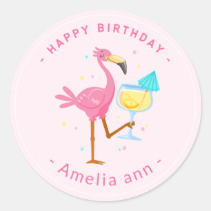 CUTE ROSA FLAMINGO GRATTIS PÅ FÖDELSEDAGEN GIRL RUNT KLISTERMÄRKE