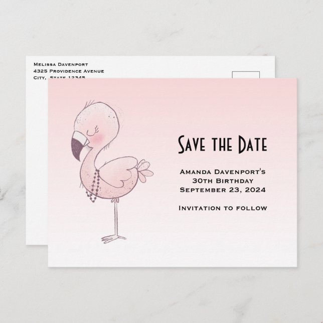 Cute Rosa Flamingo Illustration Spara datum Inbjudan Vykort (Fram/baksida)