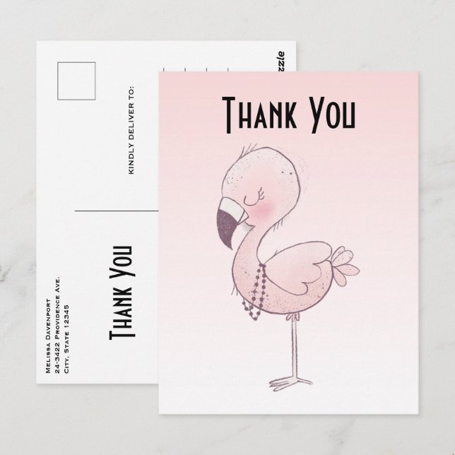 Cute Rosa Flamingo Illustration Tack Vykort (Fram/baksida)