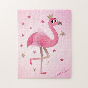 Cute Rosa Flamingo Krona Stars Kids Girls Namn Pussel