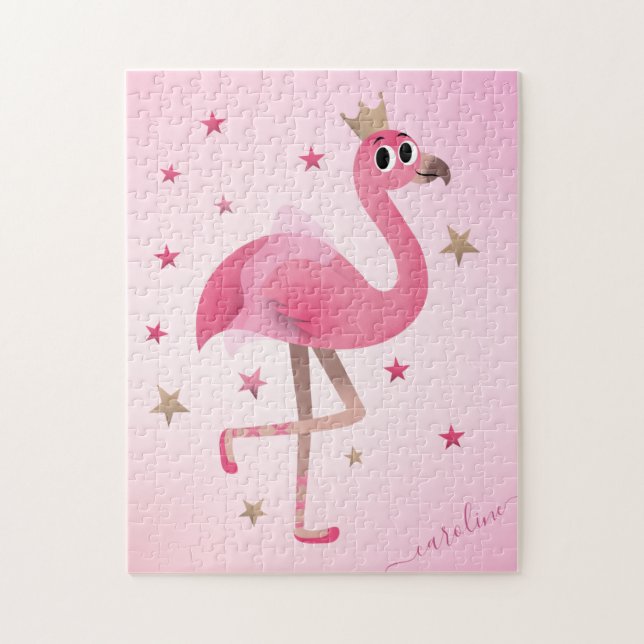 Cute Rosa Flamingo Krona Stars Kids Girls Namn Pussel (Vertikal)