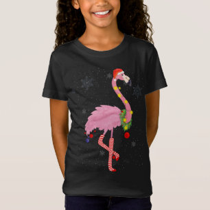 Cute Rosa Flamingo med Snö, Ljus och Santa Hat T Shirt