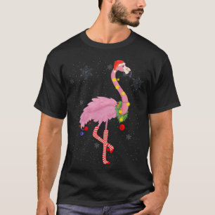 Cute Rosa Flamingo med Snö, Ljus och Santa Hat T Shirt