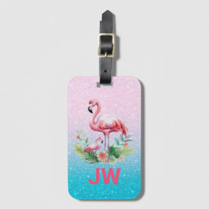Cute Rosa Flamingo på glitterbakgrund Bagagebricka