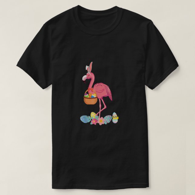 Cute Rosa Flamingo Påskägg Basket, Funny Flami T Shirt (Design framsida)