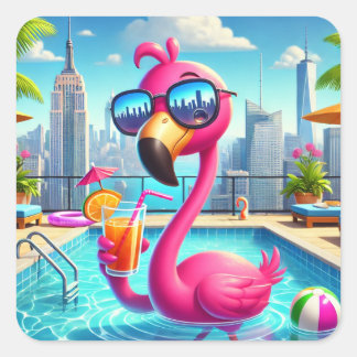 Cute Rosa Flamingo Poolside Drinking Sticker Fyrkantigt Klistermärke