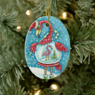 CUTE ROSA FLAMINGO SNOWGLOBE, CHRISTMAS BIRD SANTA JULGRANSPRYDNAD KERAMIK