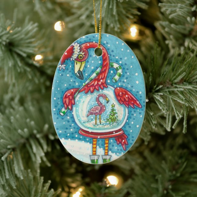 CUTE ROSA FLAMINGO SNOWGLOBE, CHRISTMAS BIRD SANTA JULGRANSPRYDNAD KERAMIK (Träd)