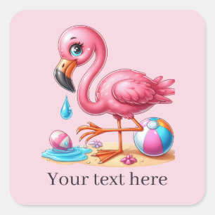 Cute rosa flamingo-stranden, sommar fyrkantigt klistermärke