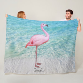 Cute Rosa Flamingo Tropical Sandy Beach Namn Fleecefilt
