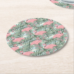 Cute Rosa Flamingoes Handflatan Blad Art Mönster Underlägg Papper Rund