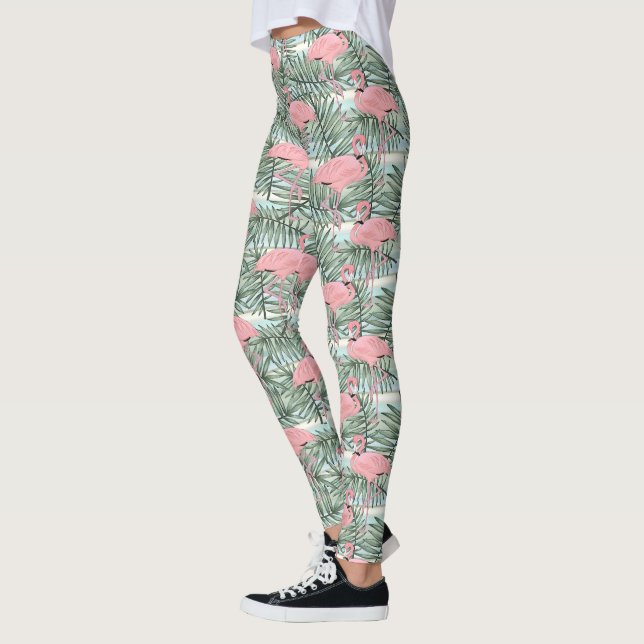 Cute Rosa Flamingoes Handflatan Blad Mönster Leggings (Vänster)